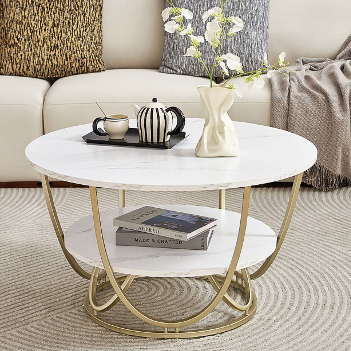 Home Sparkle Round Tier Coffee Table | White Marble Finish with Gold Metal Frame | Modern Luxury Living Room Table