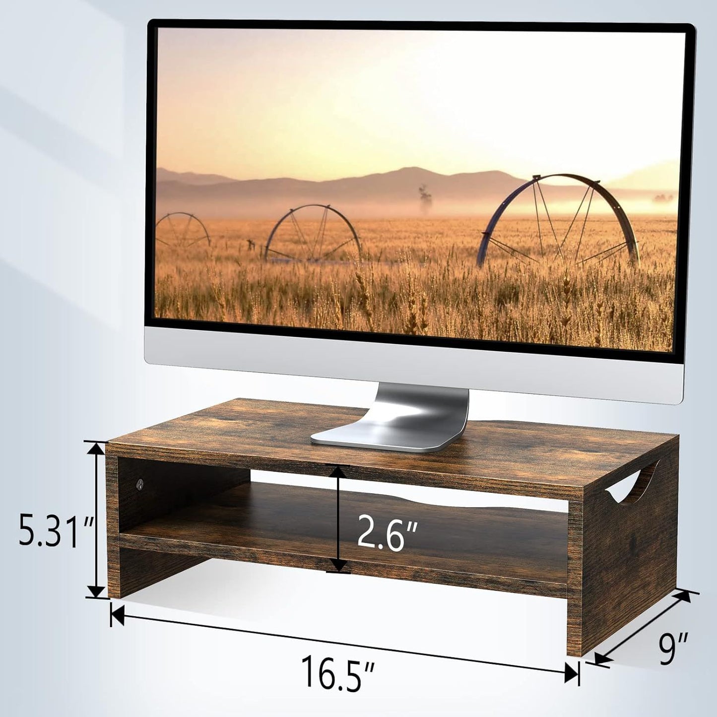 Home Sparkle Premium Wooden Monitor Stand Riser with Iron Frame | Desktop Organizer for Monitor, Laptop, Printer & Office Accessories | Rustic Brown