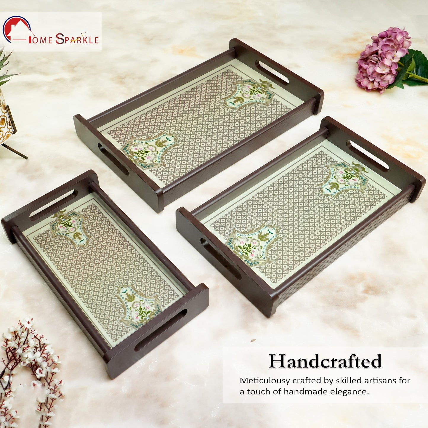 HomeSparkle Wooden Serving Tray Set of 3 – Sizes 16x10, 14x8 & 12x6 inch | Water-Resistant | MDF Print | Engineered Wood | Rectangular, Strong & Durable | Tray Set