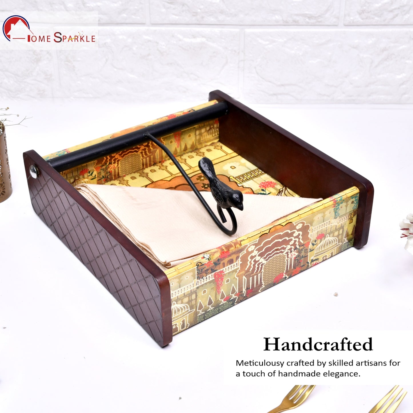 Wooden Tissue Box Holder for Dining Table & Living Room | Elegant Printed Napkin Organizer with Metal Handle