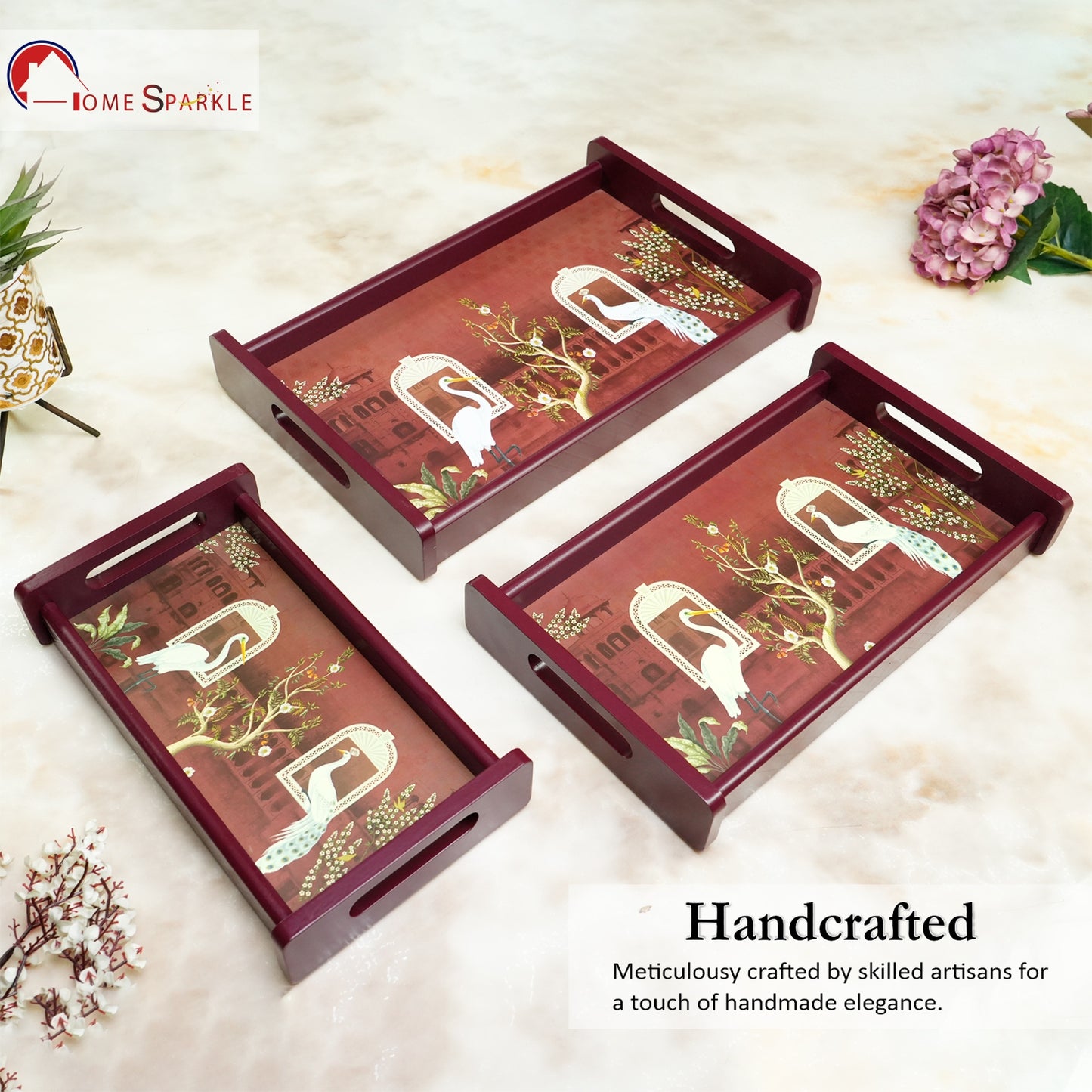 HomeSparkle Wooden Serving Tray Set of 3 – Sizes 16x10, 14x8 & 12x6 inch | Water-Resistant | MDF Print | Engineered Wood | Rectangular, Strong & Durable | Tray Set