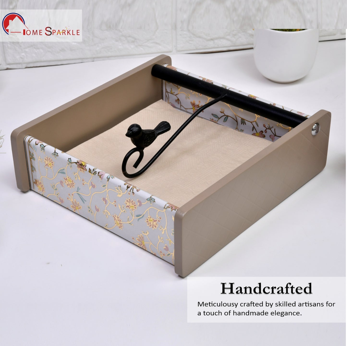 Wooden Tissue Box Holder for Dining Table & Living Room | Elegant Printed Napkin Organizer with Metal Handle