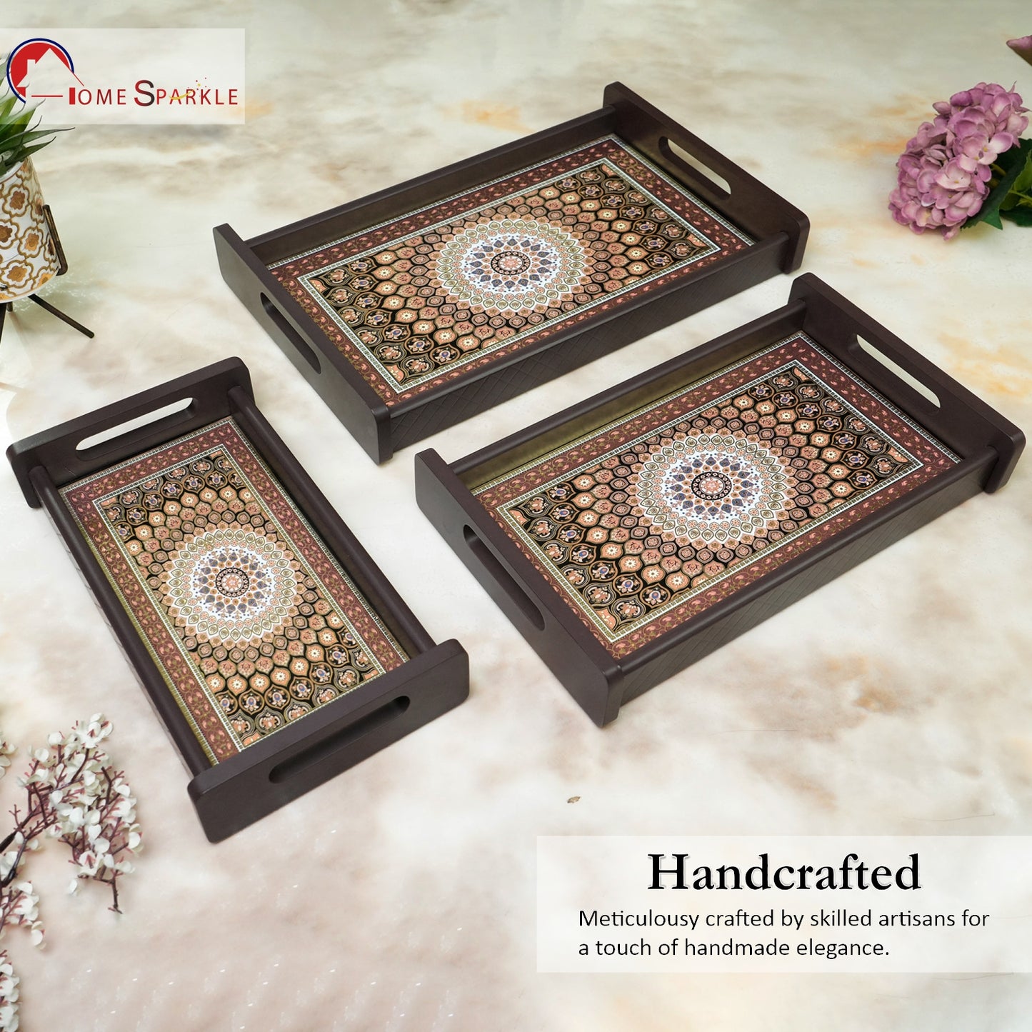 HomeSparkle Wooden Serving Tray Set of 3 – Sizes 16x10, 14x8 & 12x6 inch | Water-Resistant | MDF Print | Engineered Wood | Rectangular, Strong & Durable | Tray Set