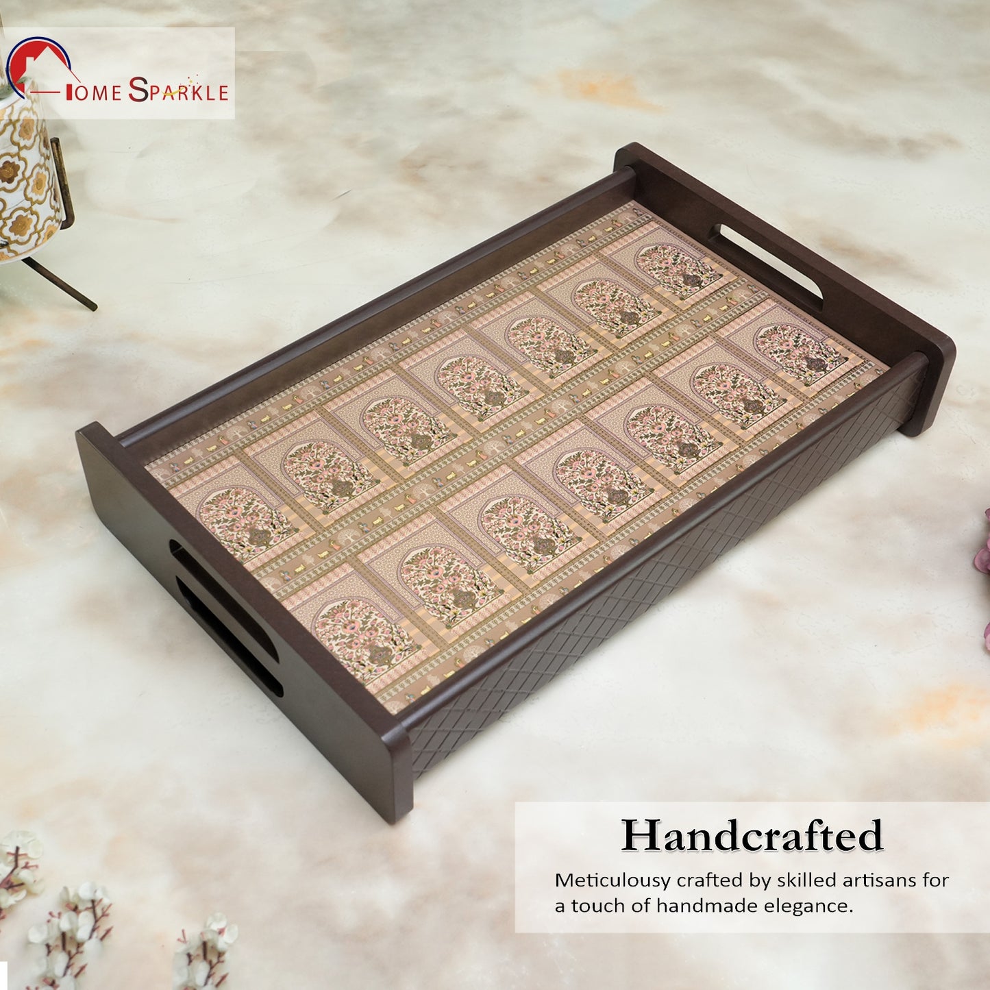 **Home Sparkle 18 Inch Reversible Wooden Serving Tray | Double-Sided Printed Decorative Tray for Tea, Coffee & Breakfast | Elegant Home Serving Tray**