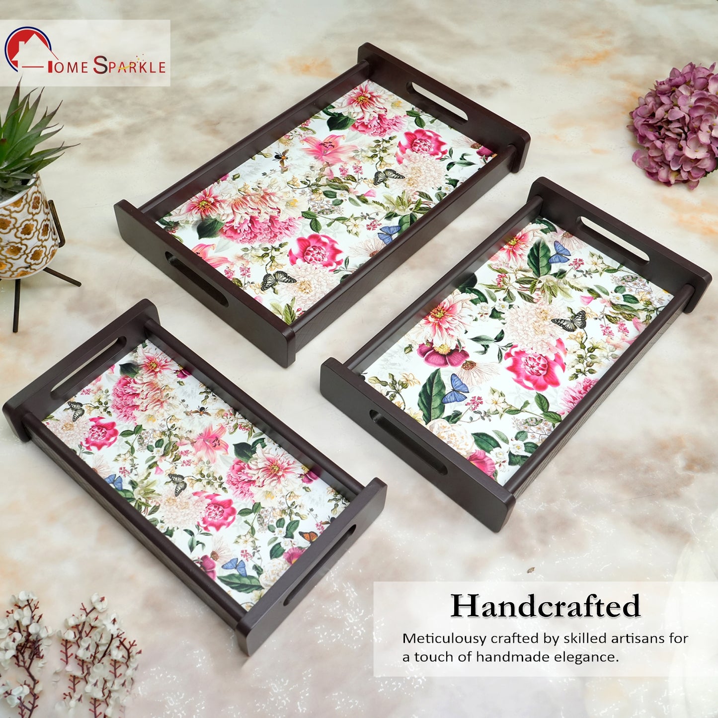 HomeSparkle Wooden Serving Tray Set of 3 – Sizes 16x10, 14x8 & 12x6 inch | Water-Resistant | MDF Print | Engineered Wood | Rectangular, Strong & Durable | Tray Set