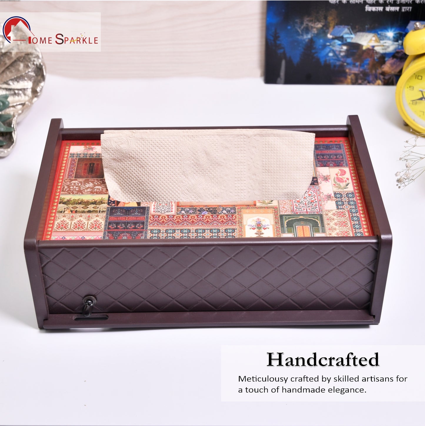 Wooden Tissue Holder for Dining Table | Elegant Printed Napkin Holder for Home, Office & Café Décor