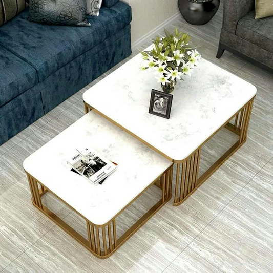 Home Sparkle Square Coffee Table Set of 2 | Modern Gold Frame with White Marble Finish | Nesting Side Tables for Living Room