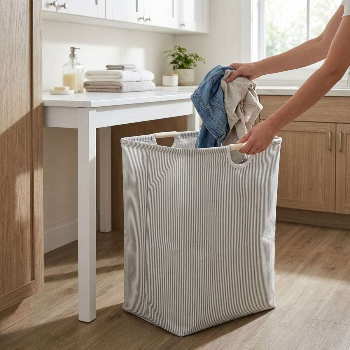 Premium Striped Print Laundry Basket for Clothes with Wooden Handles | Stylish Large Clothes Storage Basket for Bedroom & Laundry Room | 40 × 23 × 55 cm