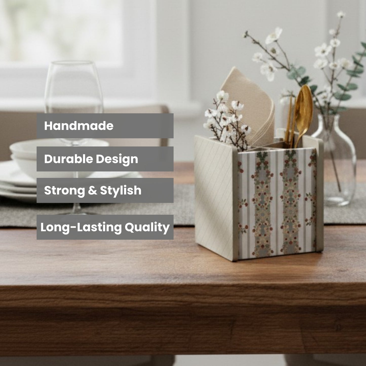 Wooden Cutlery Holder for Dining Table & Kitchen | Multi-Compartment Utensil Organizer for Spoons, Forks, Knives & Napkins