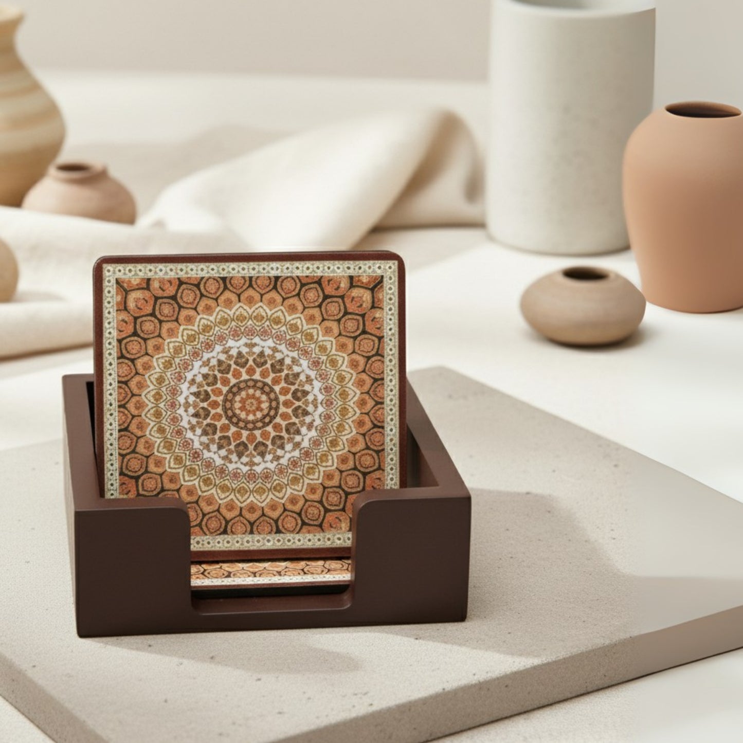 Coasters Set for Dining Table – Tea Coasters for Cups & Mugs | Elegant Table Décor Accessories – Set of 6 with Holder – Durable & Stylish