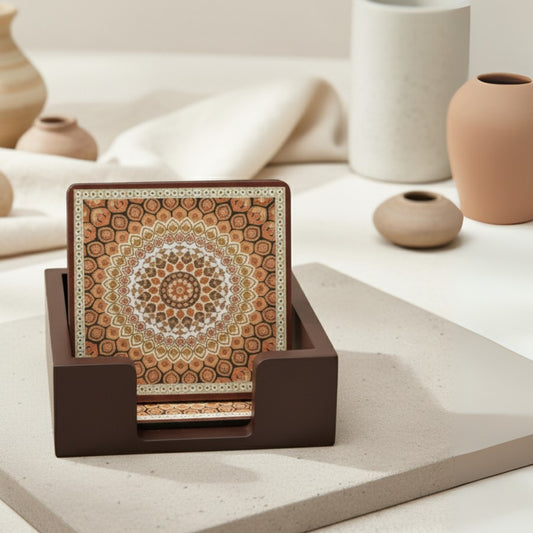 Coasters Set for Dining Table – Tea Coasters for Cups & Mugs | Elegant Table Décor Accessories – Set of 6 with Holder – Durable & Stylish