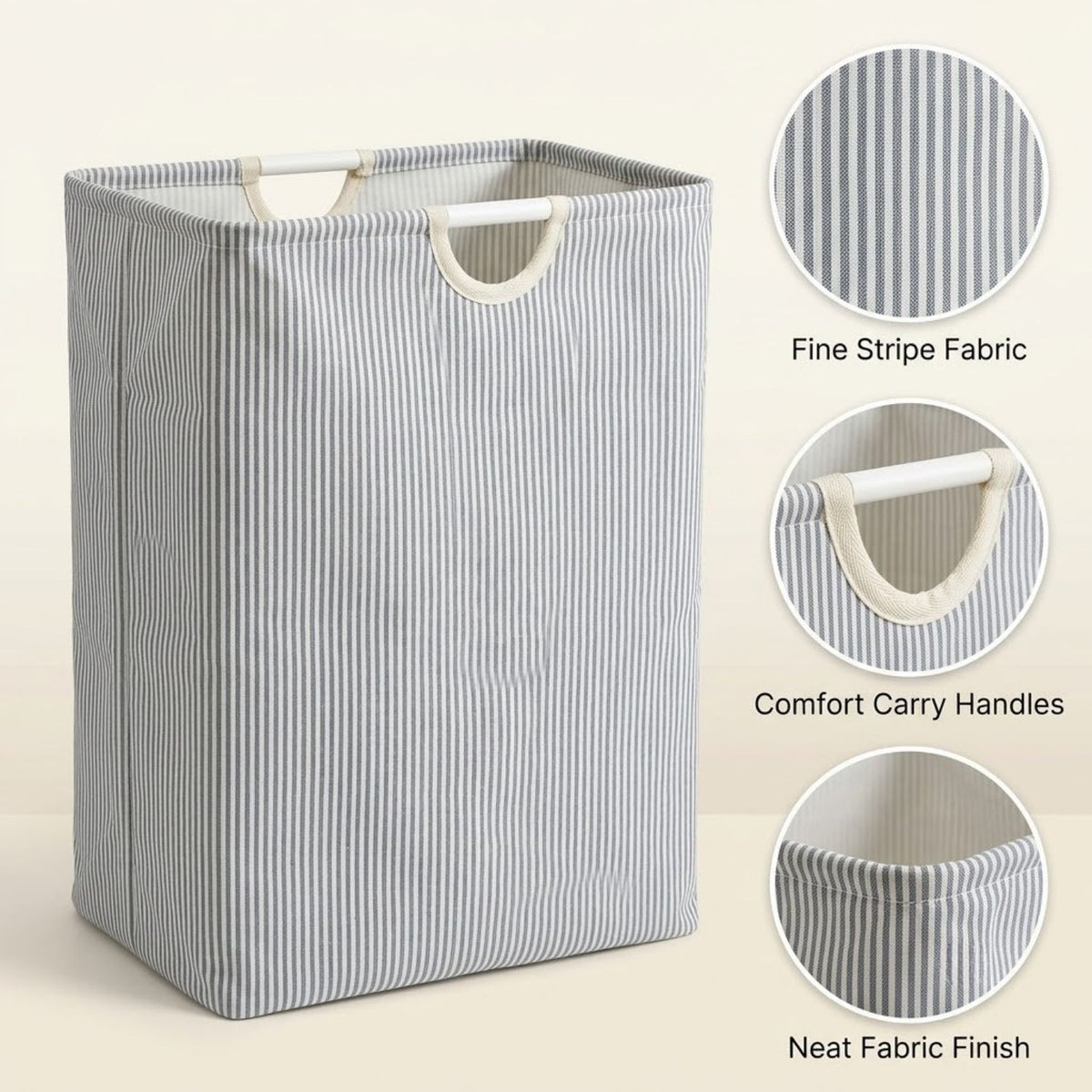 Premium Striped Print Laundry Basket for Clothes with Wooden Handles | Stylish Large Clothes Storage Basket for Bedroom & Laundry Room | 40 × 23 × 55 cm