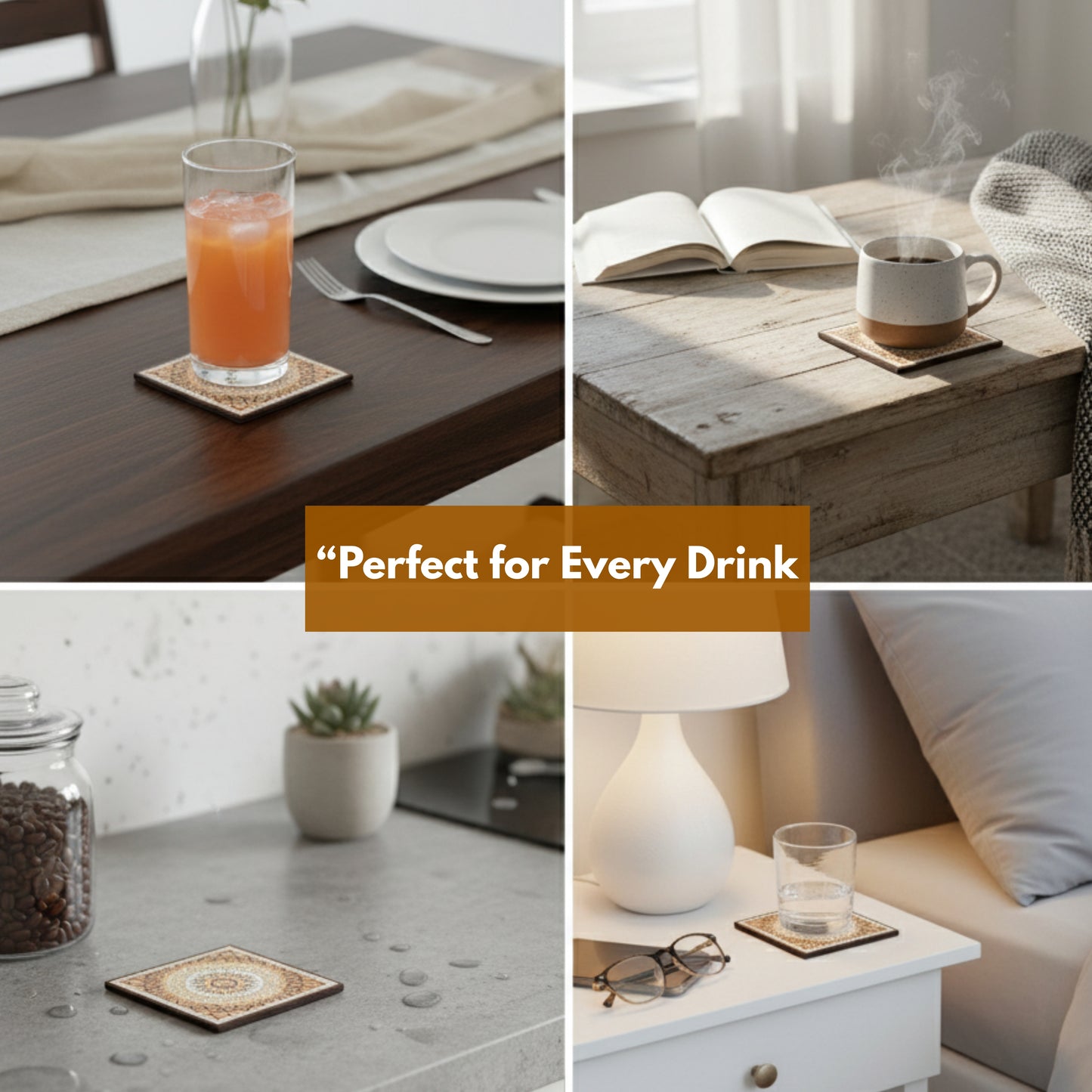 Coasters Set for Dining Table – Tea Coasters for Cups & Mugs | Elegant Table Décor Accessories – Set of 6 with Holder – Durable & Stylish