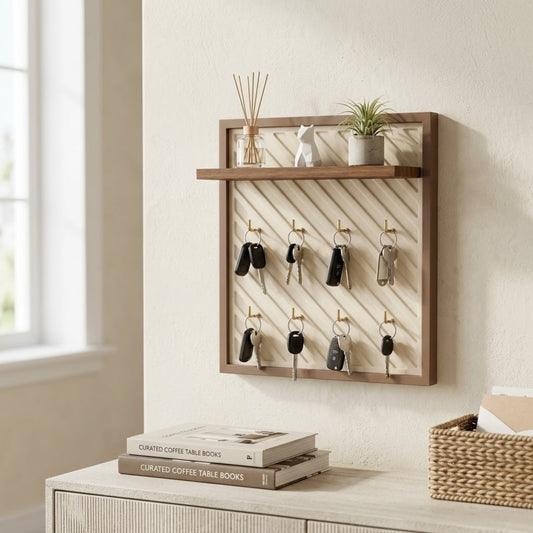 Home Sparkle Modern Slant Key Holder with Display Shelf | Wall Mounted Wooden Key Organizer with 8 Hooks