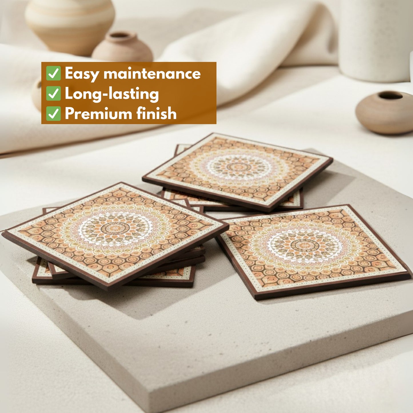 Coasters Set for Dining Table – Tea Coasters for Cups & Mugs | Elegant Table Décor Accessories – Set of 6 with Holder – Durable & Stylish