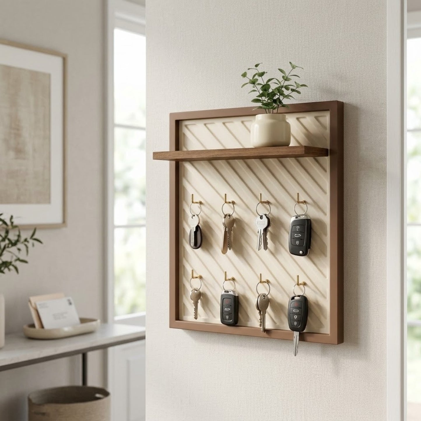 Home Sparkle Modern Slant Key Holder with Display Shelf | Wall Mounted Wooden Key Organizer with 8 Hooks