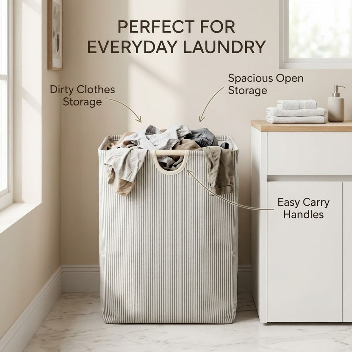 Premium Striped Print Laundry Basket for Clothes with Wooden Handles | Stylish Large Clothes Storage Basket for Bedroom & Laundry Room | 40 × 23 × 55 cm
