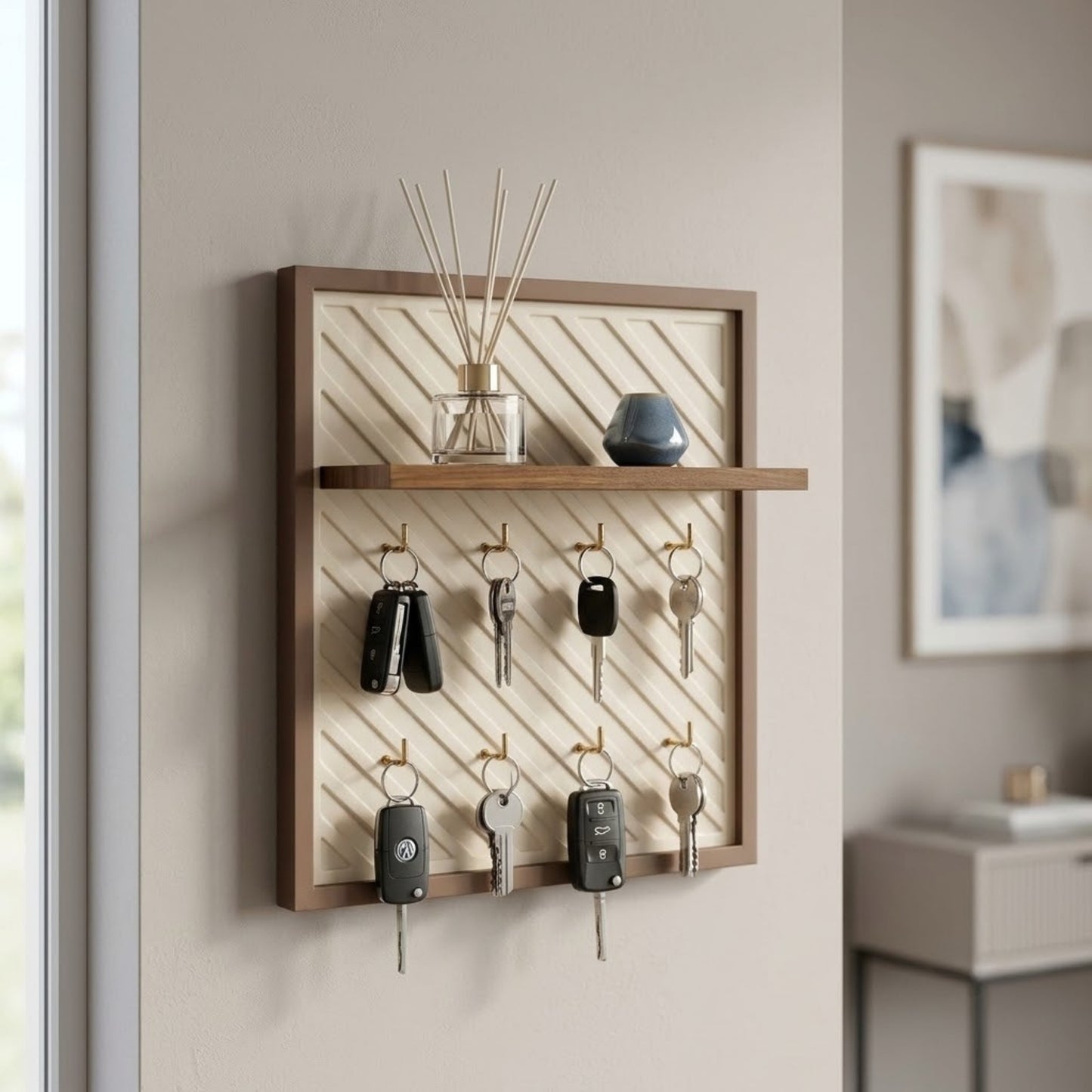Home Sparkle Modern Slant Key Holder with Display Shelf | Wall Mounted Wooden Key Organizer with 8 Hooks