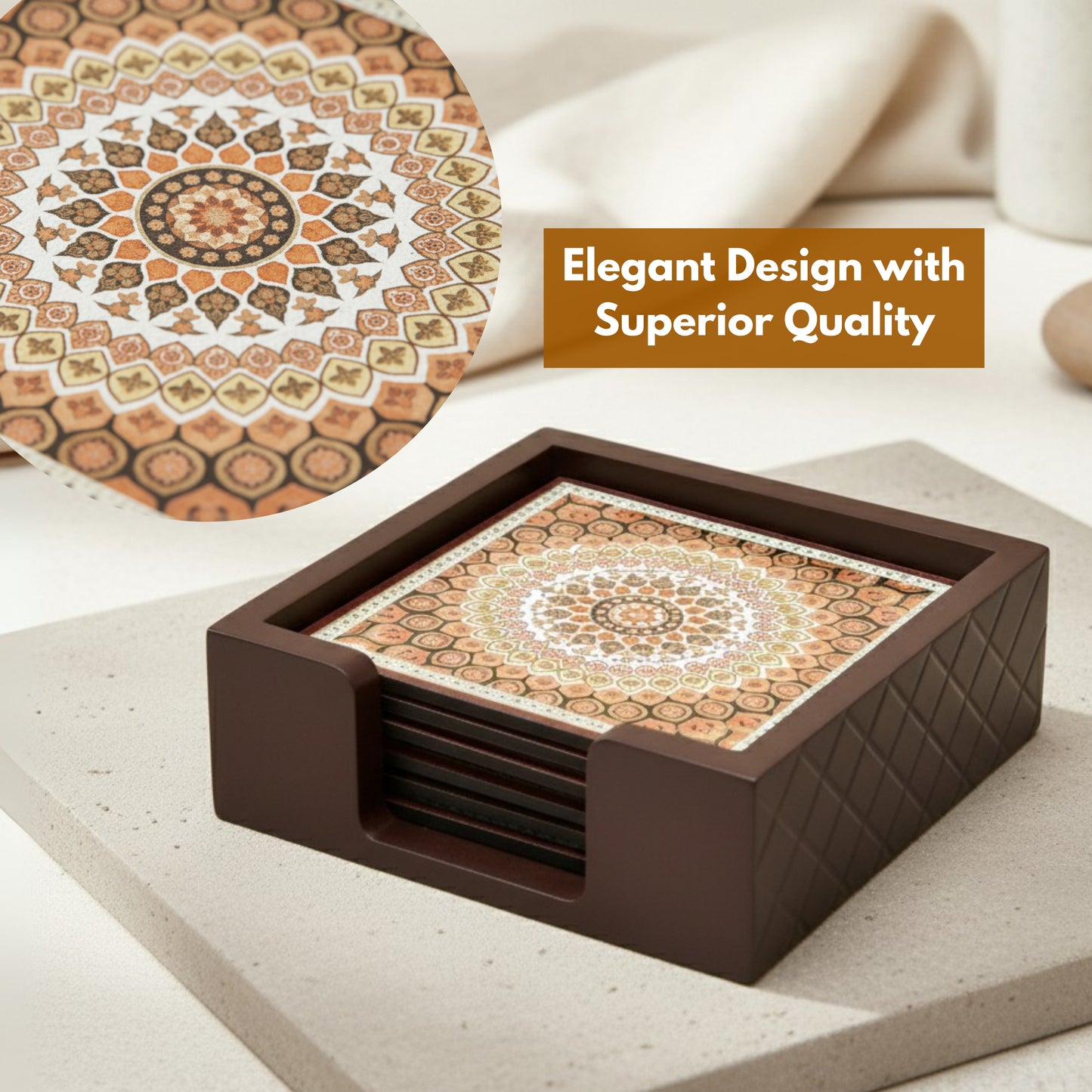 Coasters Set for Dining Table – Tea Coasters for Cups & Mugs | Elegant Table Décor Accessories – Set of 6 with Holder – Durable & Stylish