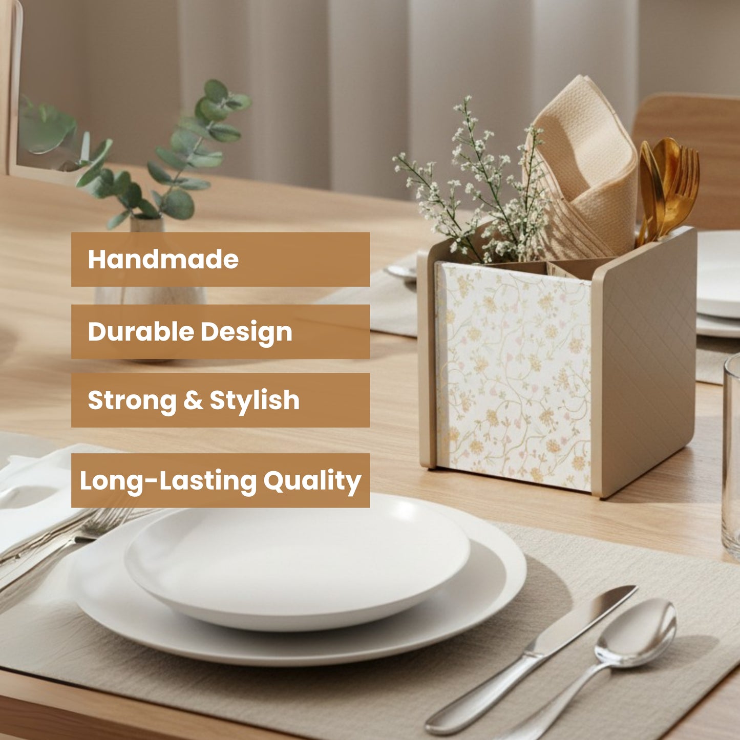 Wooden Cutlery Holder for Dining Table & Kitchen | Multi-Section Utensil Organizer for Spoons, Forks & Napkins – Stylish Table Accessory