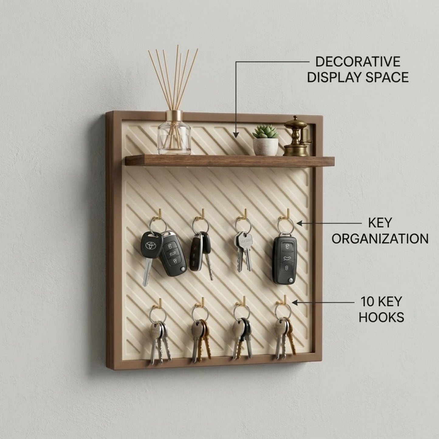 Home Sparkle Modern Slant Key Holder with Display Shelf | Wall Mounted Wooden Key Organizer with 8 Hooks