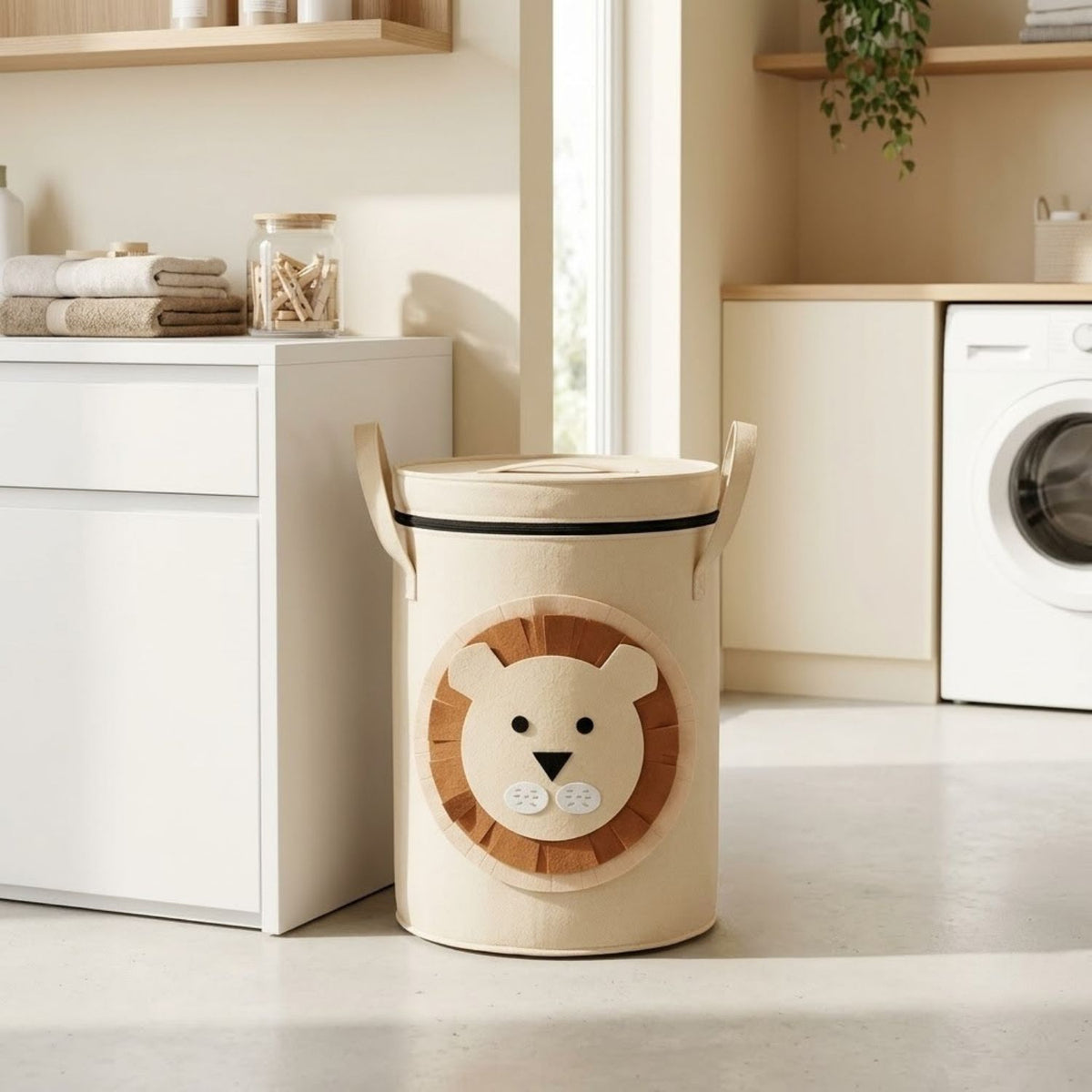 Laundry Basket & Toy Storage Basket with Lid and Handles – Cute Lion Design