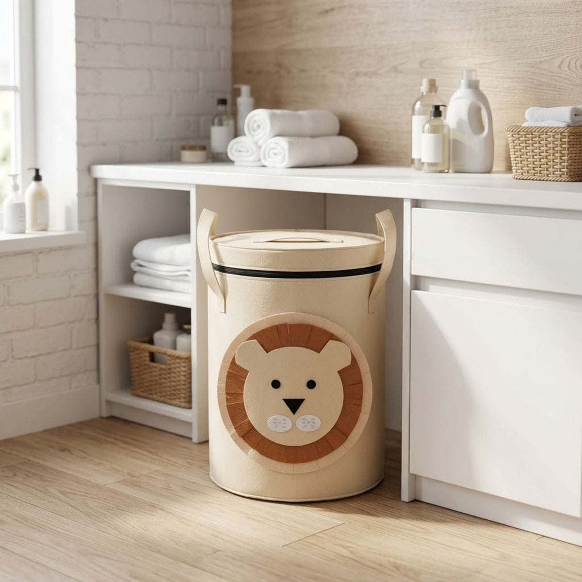 Laundry Basket & Toy Storage Basket with Lid and Handles – Cute Lion Design