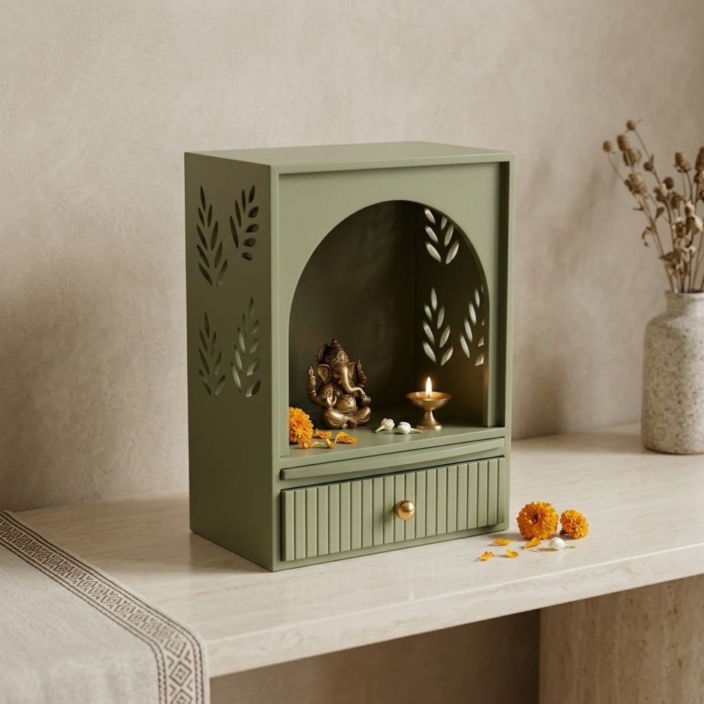 Home Sparkle Modern Wooden Mandir | Leaf Pattern Home Temple with Storage Drawer