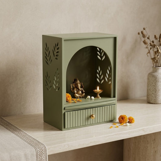 Home Sparkle Modern Wooden Mandir | Leaf Pattern Home Temple with Storage Drawer