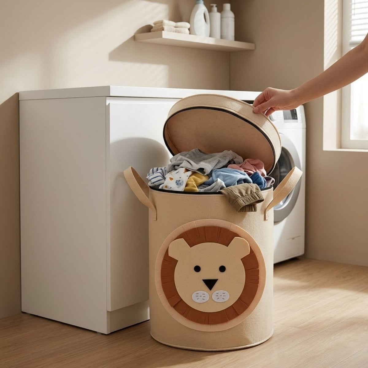 Laundry Basket & Toy Storage Basket with Lid and Handles – Cute Lion Design