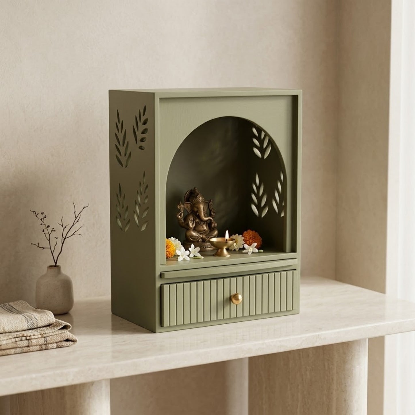 Home Sparkle Modern Wooden Mandir | Leaf Pattern Home Temple with Storage Drawer