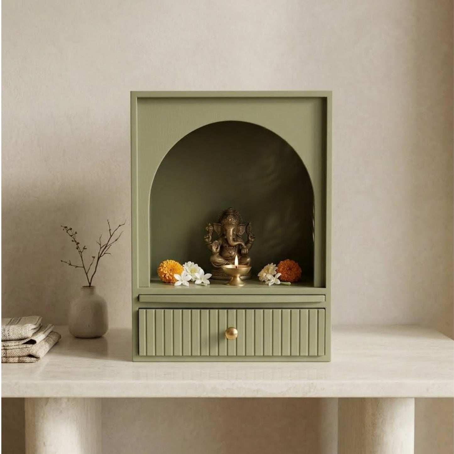 Home Sparkle Modern Wooden Mandir | Leaf Pattern Home Temple with Storage Drawer