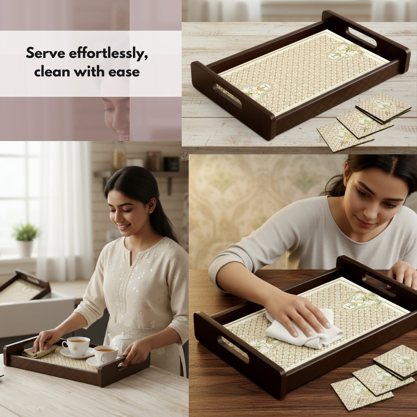 Wooden Serving Tray – 17.75" x 12" x 2.75", Reversible Water-Resistant Tray, Engineered Wood, Multipurpose Tray for Kitchen, Dining & Home Decor – Stylish & Strong