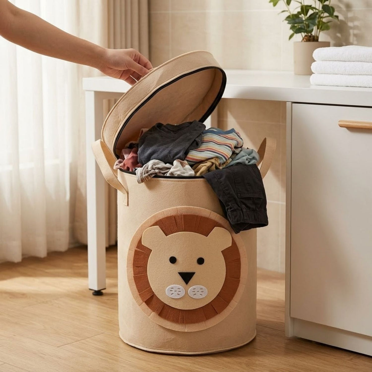 Laundry Basket & Toy Storage Basket with Lid and Handles – Cute Lion Design