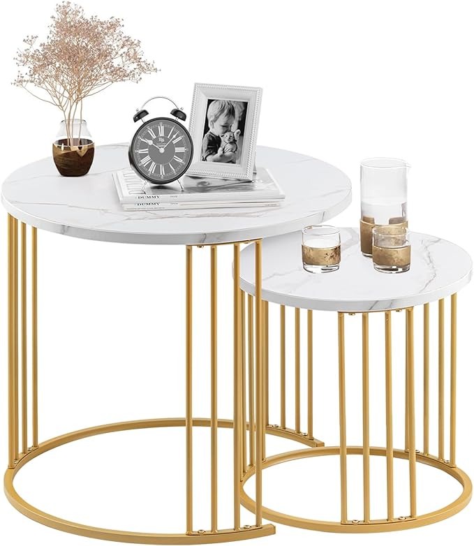 Home Sparkle Modern Round Nesting Coffee Table Set | White Marble-Look Top with Gold Finish Metal Frame | Elegant Center Table Set for Living Room | Contemporary Home Décor
