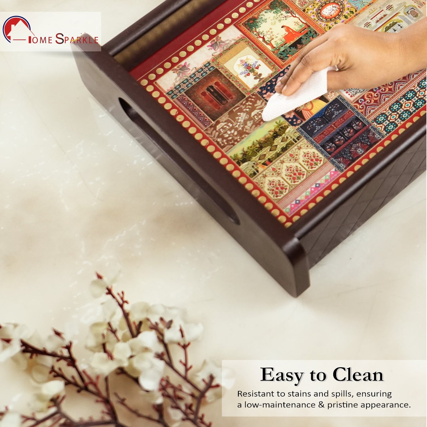 Rectangle Wooden Serving Tray | Elegant Printed Tray for Home & Café Décor