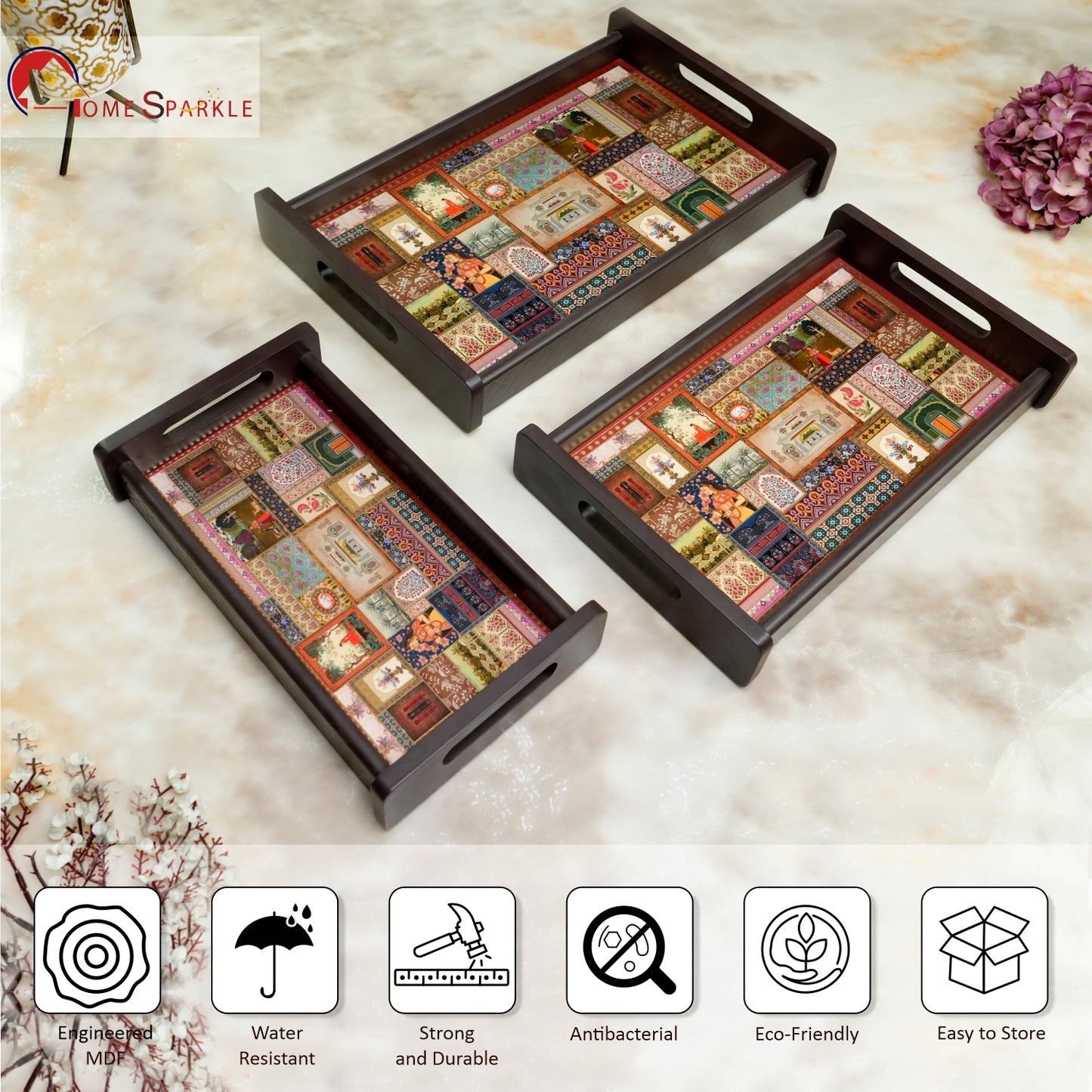 Home Sparkle Wooden Serving Tray Set of 3 | Decorative Printed MDF Breakfast & Coffee Trays with Handles | Multipurpose Serving & Organizer Trays | Water Resistant Finish
