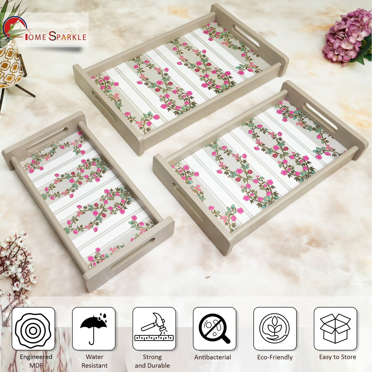 Set of 3 Printed Wooden Serving Trays for Kitchen, Tea, Coffee & Snacks | Decorative MDF Tray Set for Home & Gifting