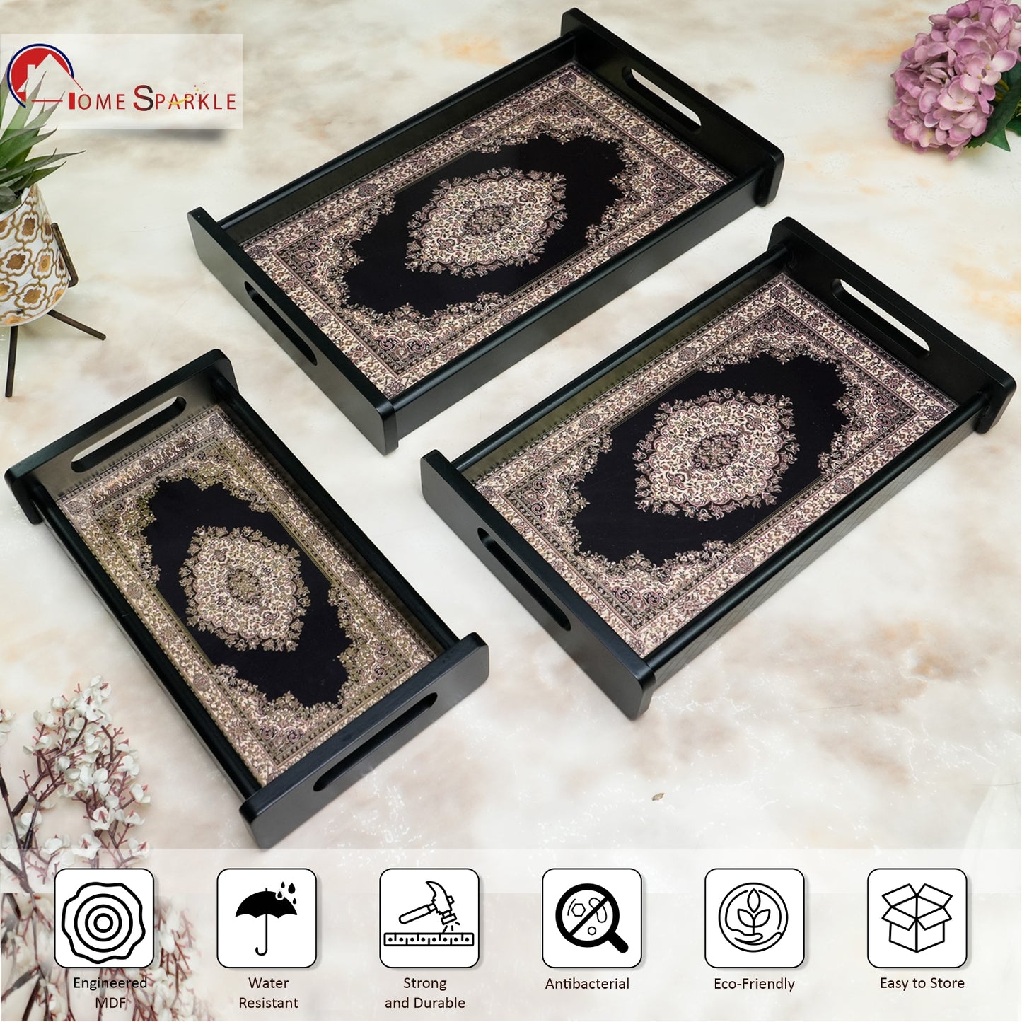 Set of 3 Printed Wooden Serving Trays for Kitchen, Tea, Coffee & Snacks | Decorative MDF Tray Set for Home & Gifting