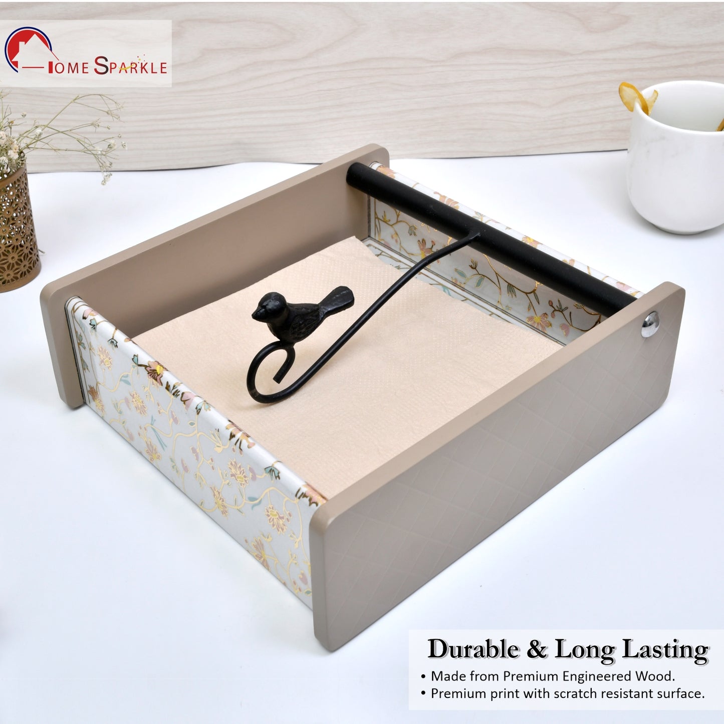 Wooden Tissue Box Holder for Dining Table & Living Room | Elegant Printed Napkin Organizer with Metal Handle