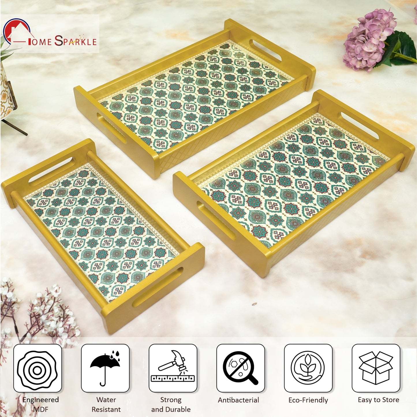 HomeSparkle Wooden Serving Tray Set of 3 – Sizes 16x10, 14x8 & 12x6 inch | Water-Resistant | MDF Print | Engineered Wood | Rectangular, Strong & Durable | Tray Set