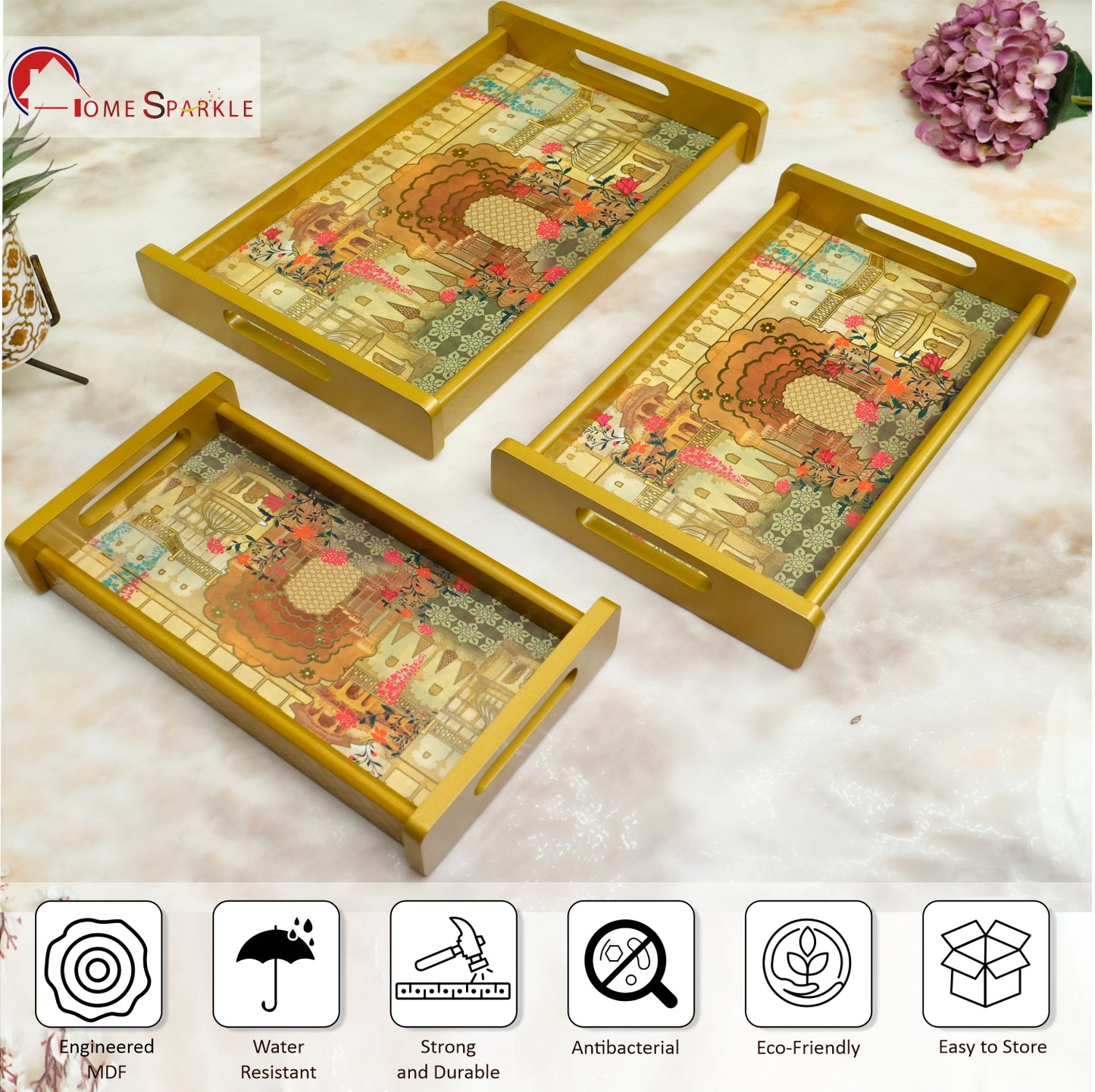 Set of 3 Printed Wooden Serving Trays for Kitchen, Tea, Coffee & Snacks | Decorative MDF Tray Set for Home & Gifting