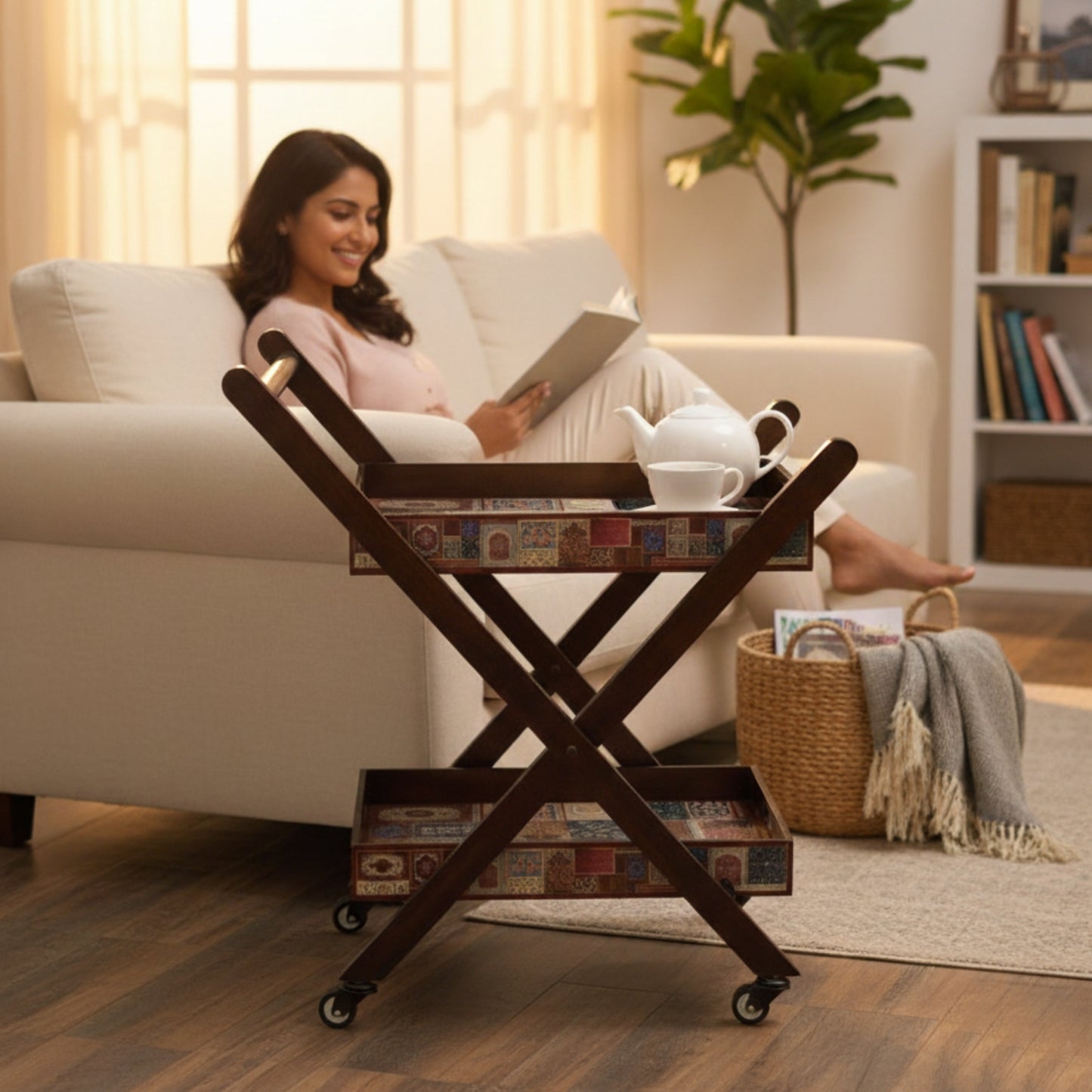 Home Sparkle Premium Folding Tea Trolley with 2 Removable Serving Trays | Wooden Rolling Serving Cart with Wheels | Mosaic Pattern | Kitchen, Dining & Living Room Utility Trolley