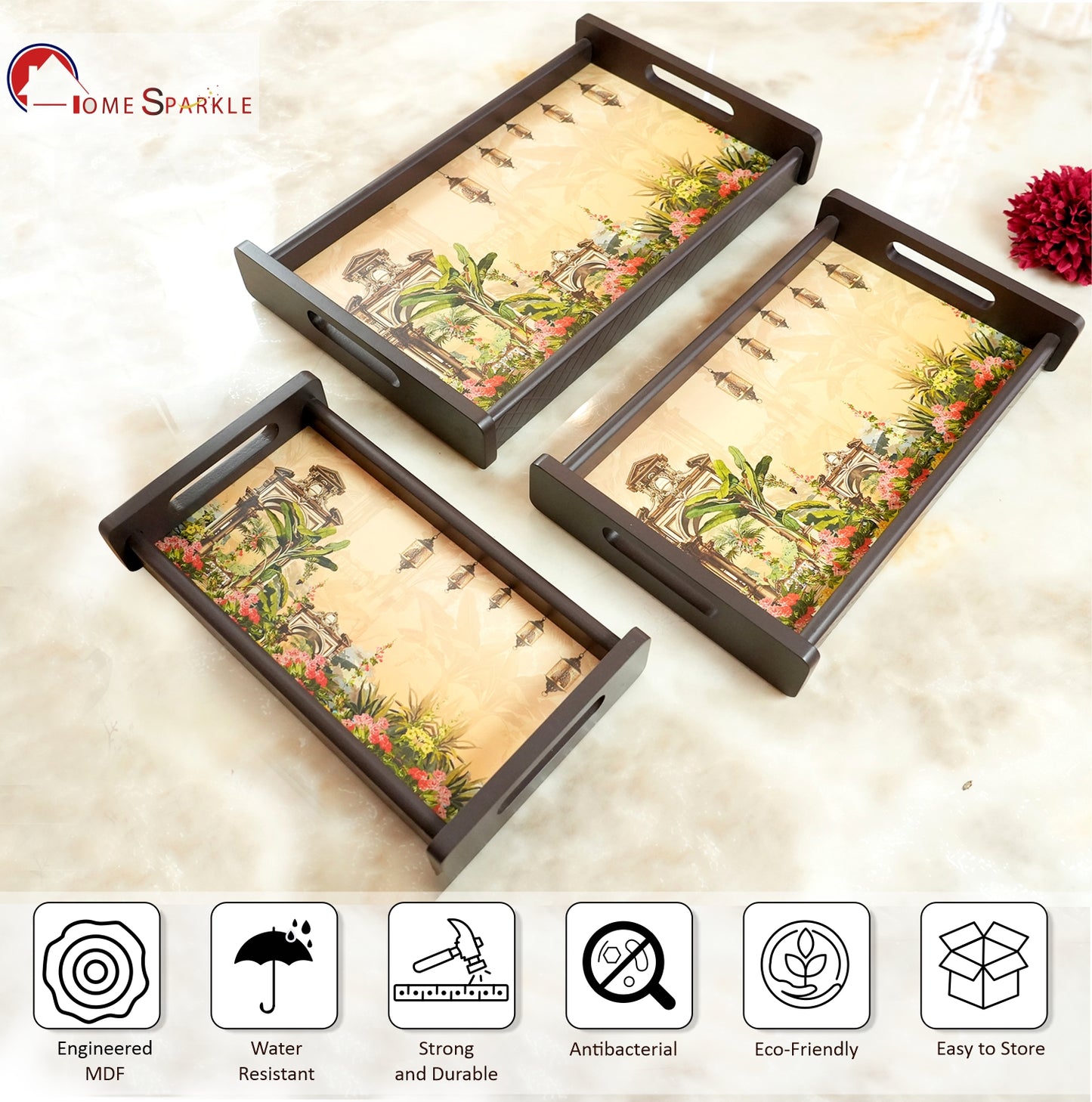 HomeSparkle Wooden Serving Tray Set of 3 – Sizes 16x10, 14x8 & 12x6 inch | Water-Resistant | MDF Print | Engineered Wood | Rectangular, Strong & Durable | Tray Set