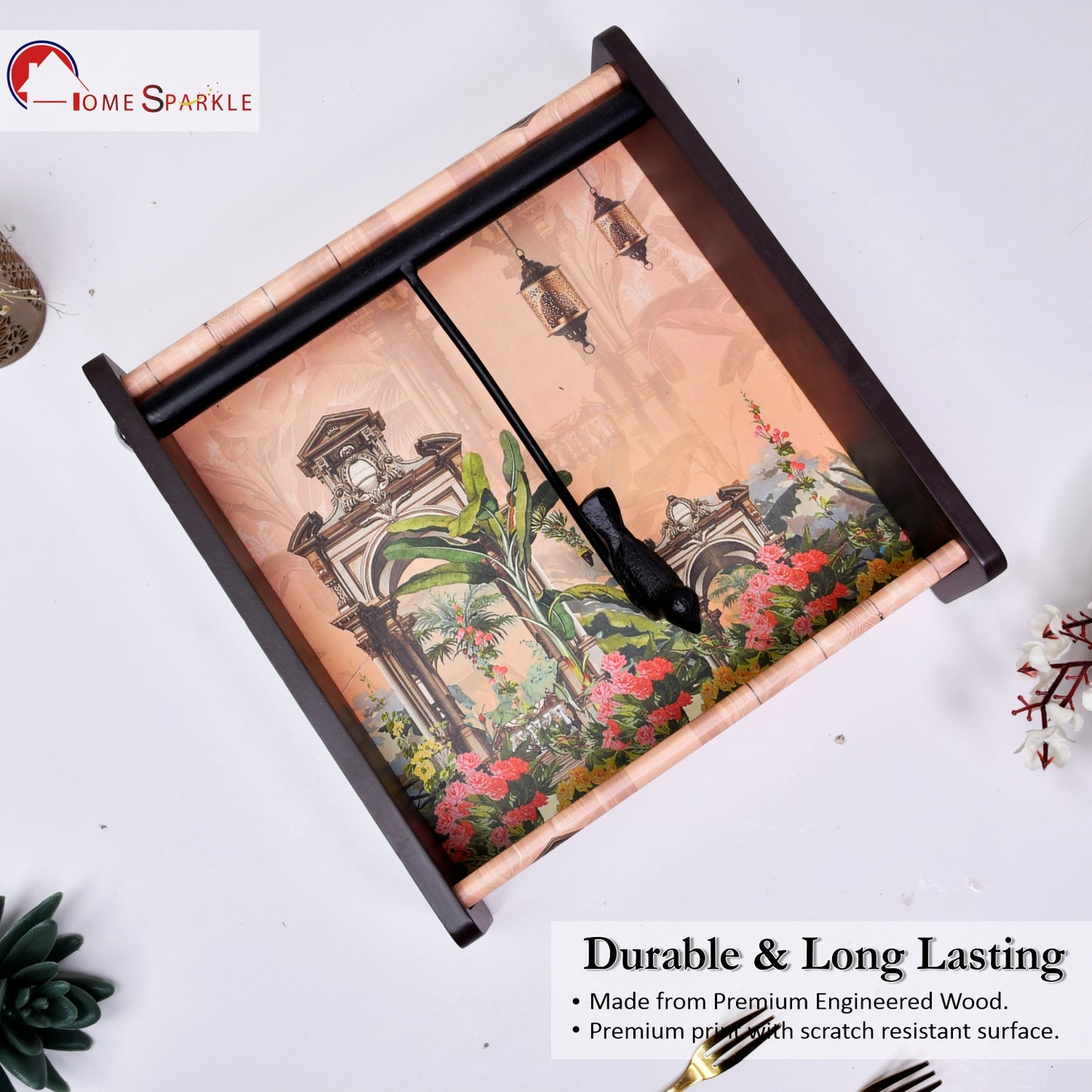 Wooden Tissue Box Holder for Dining Table & Living Room | Elegant Printed Napkin Organizer with Metal Handle