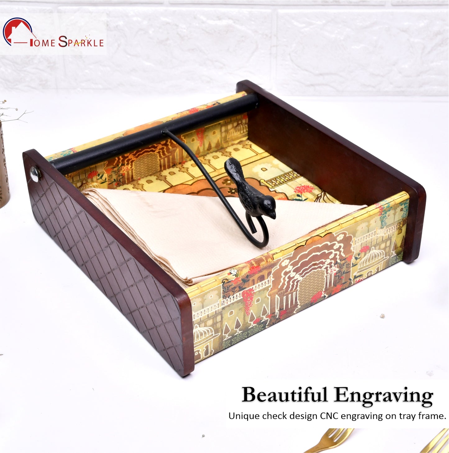Wooden Tissue Box Holder for Dining Table & Living Room | Elegant Printed Napkin Organizer with Metal Handle