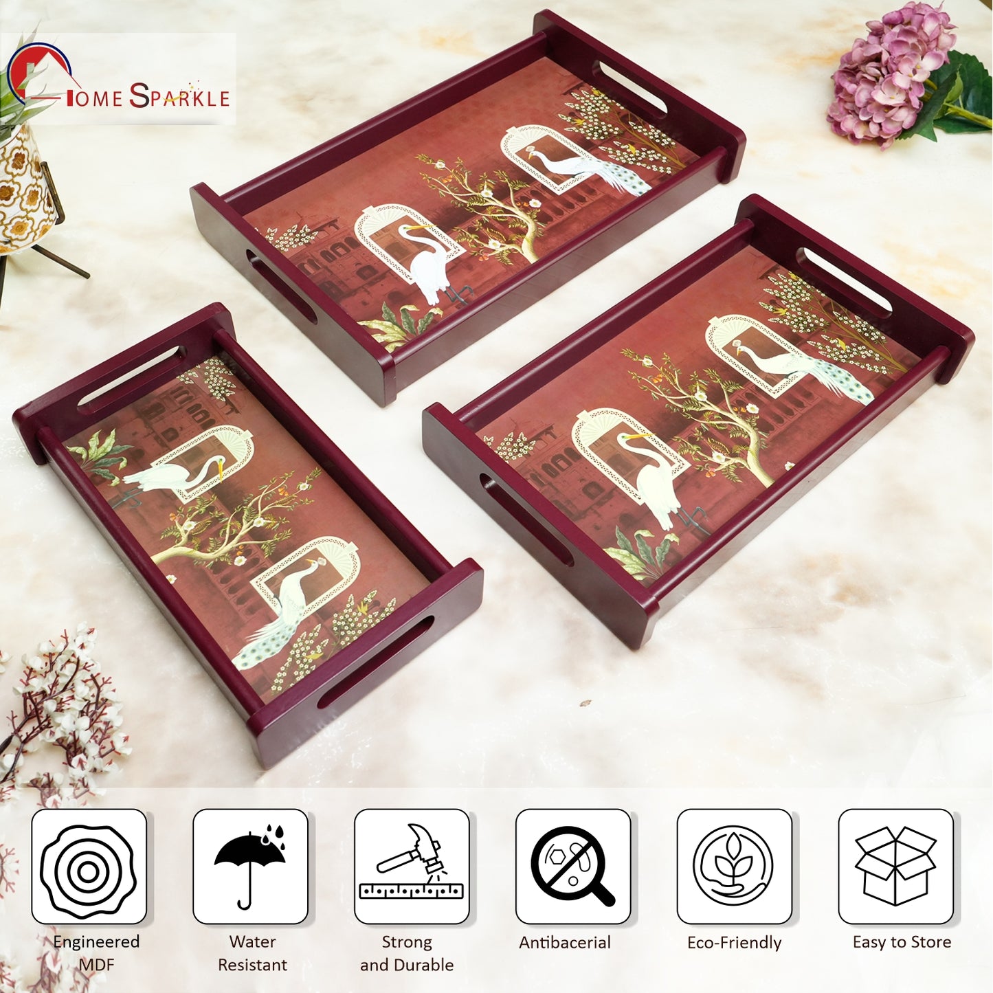 HomeSparkle Wooden Serving Tray Set of 3 – Sizes 16x10, 14x8 & 12x6 inch | Water-Resistant | MDF Print | Engineered Wood | Rectangular, Strong & Durable | Tray Set