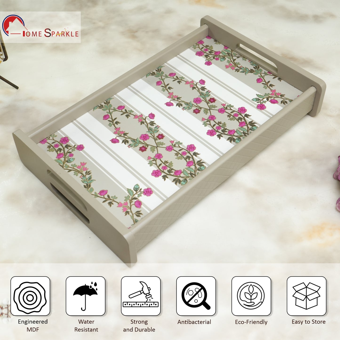 **Home Sparkle 18 Inch Reversible Wooden Serving Tray | Double-Sided Floral Printed Decorative Tray for Tea, Coffee, Breakfast & Snacks**
