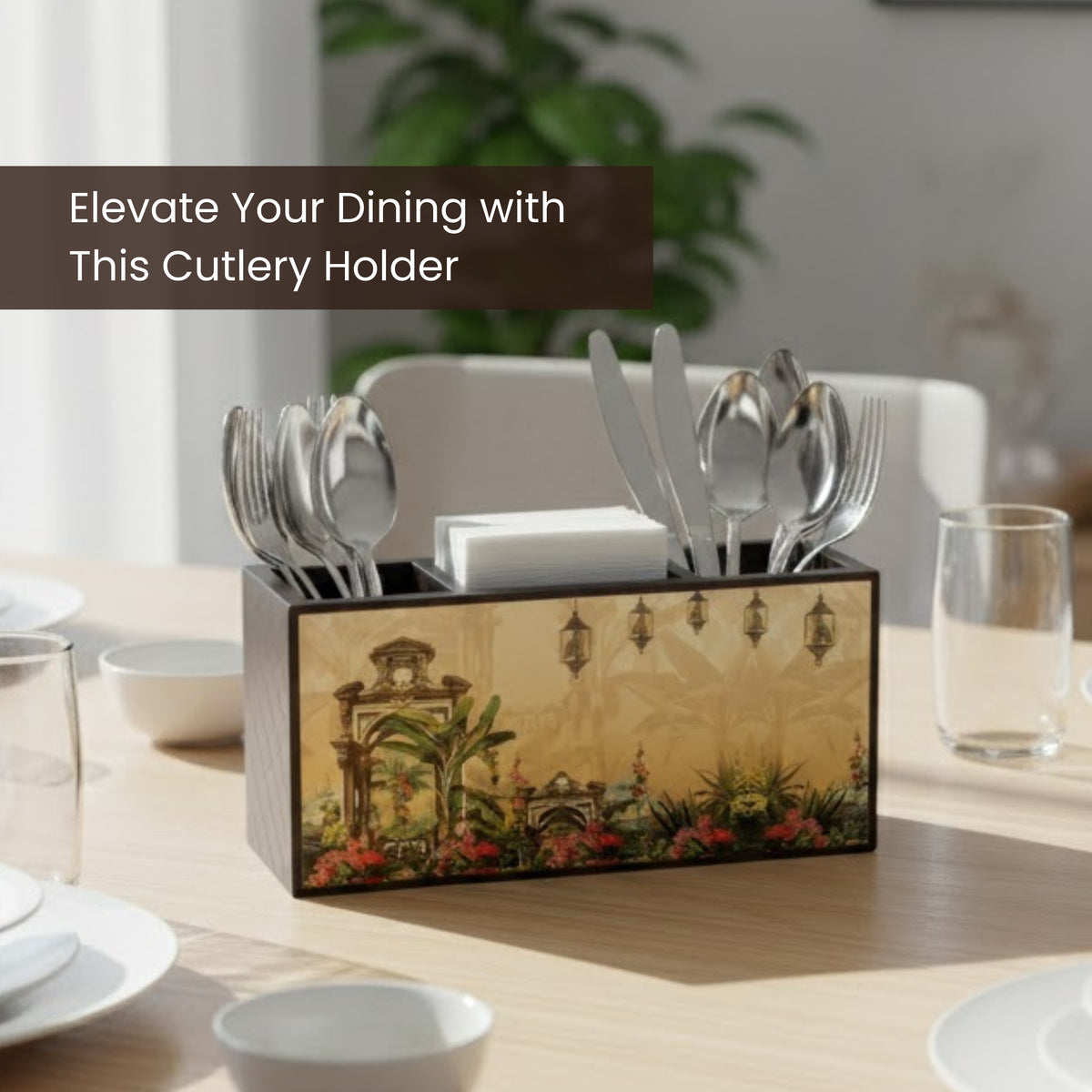 **Home Sparkle Wooden Cutlery & Tissue Holder | Decorative Tabletop Organizer with Separate Compartments | Spoon, Fork & Napkin Storage Box | Printed MDF Dining Table Organizer**