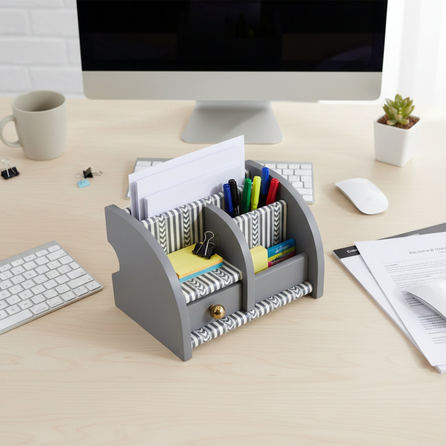 Home Sparkle Wooden Desk Organizer for Office & Home | Pen, File & Card Holder with Multi-Compartments & Drawer | Desk Accessories Organizer (Grey)